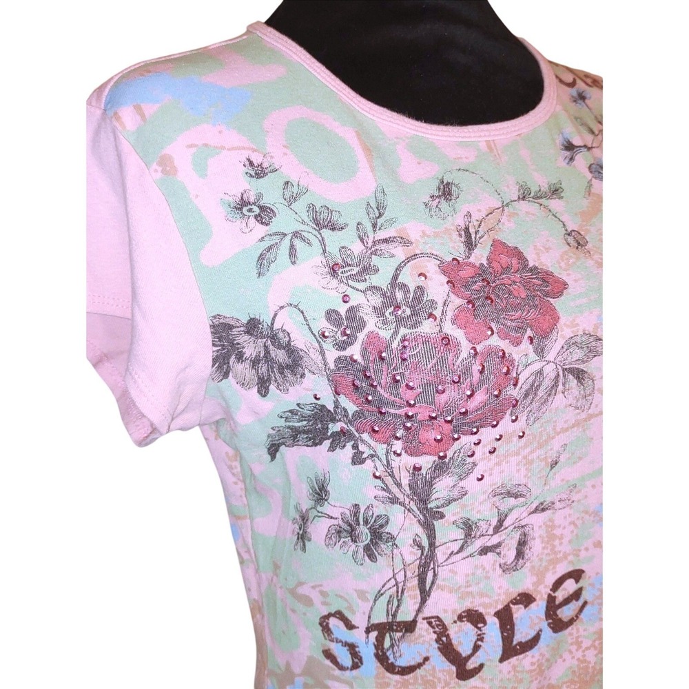 Vintage Y2K Pink‎ Floral Graphic Baby Tee Made in USA Glam Coquette Class Top - Picture 2 of 9
